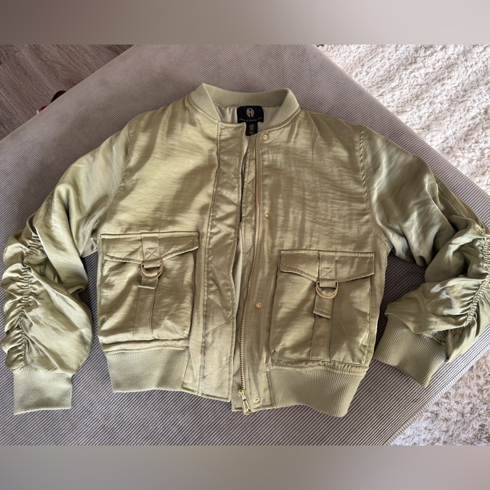 House of Harlow 1960 Sage Green Satin Bomber Jacket, size M